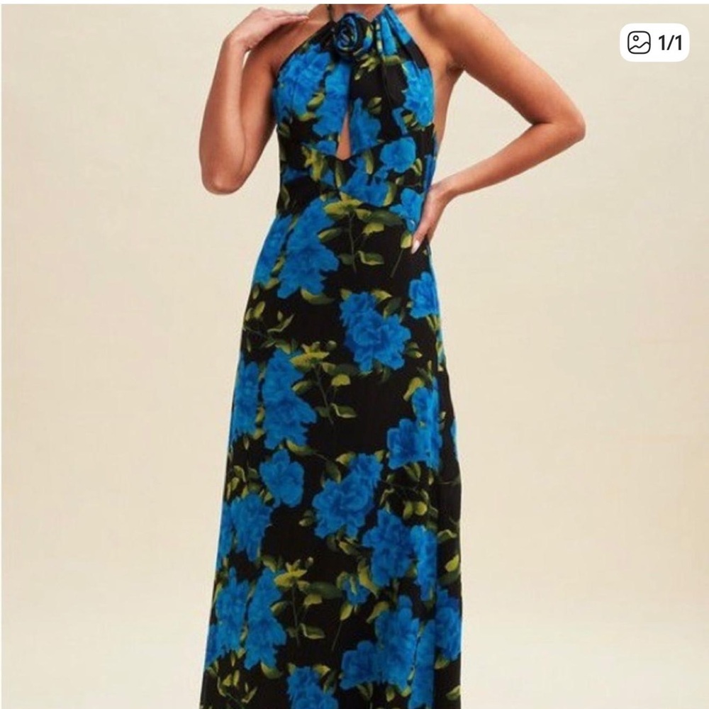 Floral Halter Maxi Dress - Blue and Black